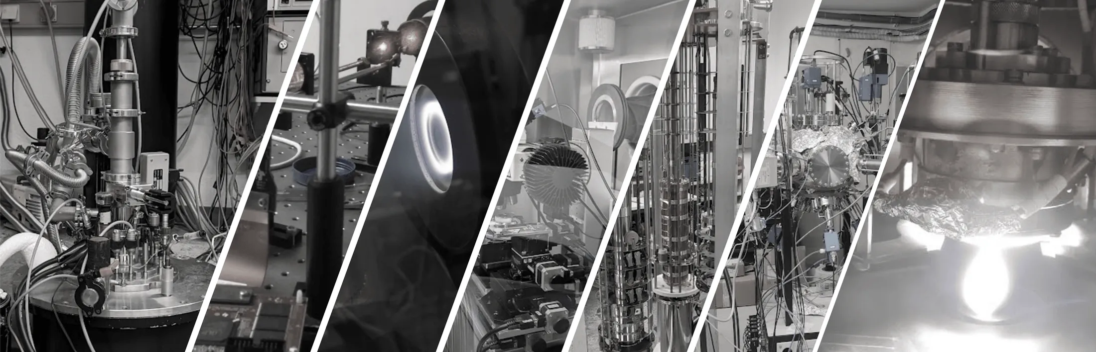 A near-monochrome collage of seven laboratory photographs cut into diagonal panels: a cryostat and vacuum chamber trailing cabling and steel flanges; an optical table with posts, a glowing lamp and a circuit board; a bright ring of light seen through a dark chamber viewport; a chamber interior with a finned copper disc, translation stages and stepper motors; a rack of long cryostat probe inserts with stacked baffles; a vacuum chamber wrapped in aluminium foil with pneumatic valves; and a chamber with a brilliant glowing plume beneath a circular electrode.