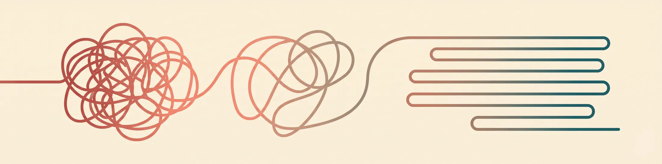 A single continuous line drawn left to right on a cream background: it begins as a dense tangled knot in brick red, loosens into wide open loops in terracotta, then straightens and folds back on itself into a stack of neat parallel lines in deep teal, like lines of text on a page.