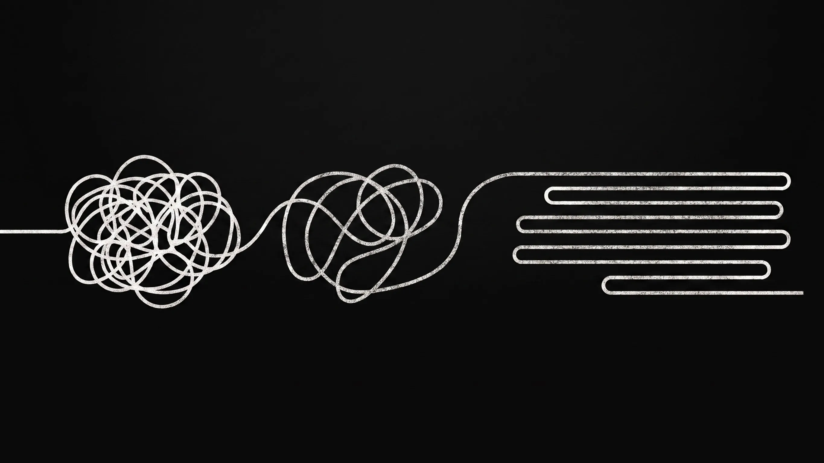 A single continuous white line drawn left to right on black: it begins as a dense tangled knot, loosens into wide open loops, then straightens and folds back on itself into a stack of neat parallel lines, like lines of text on a page.
