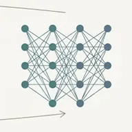 A neural-network diagram of interconnected teal and slate nodes, cropped from the site's materials-to-models loop illustration, with the loop's arrows passing behind it.