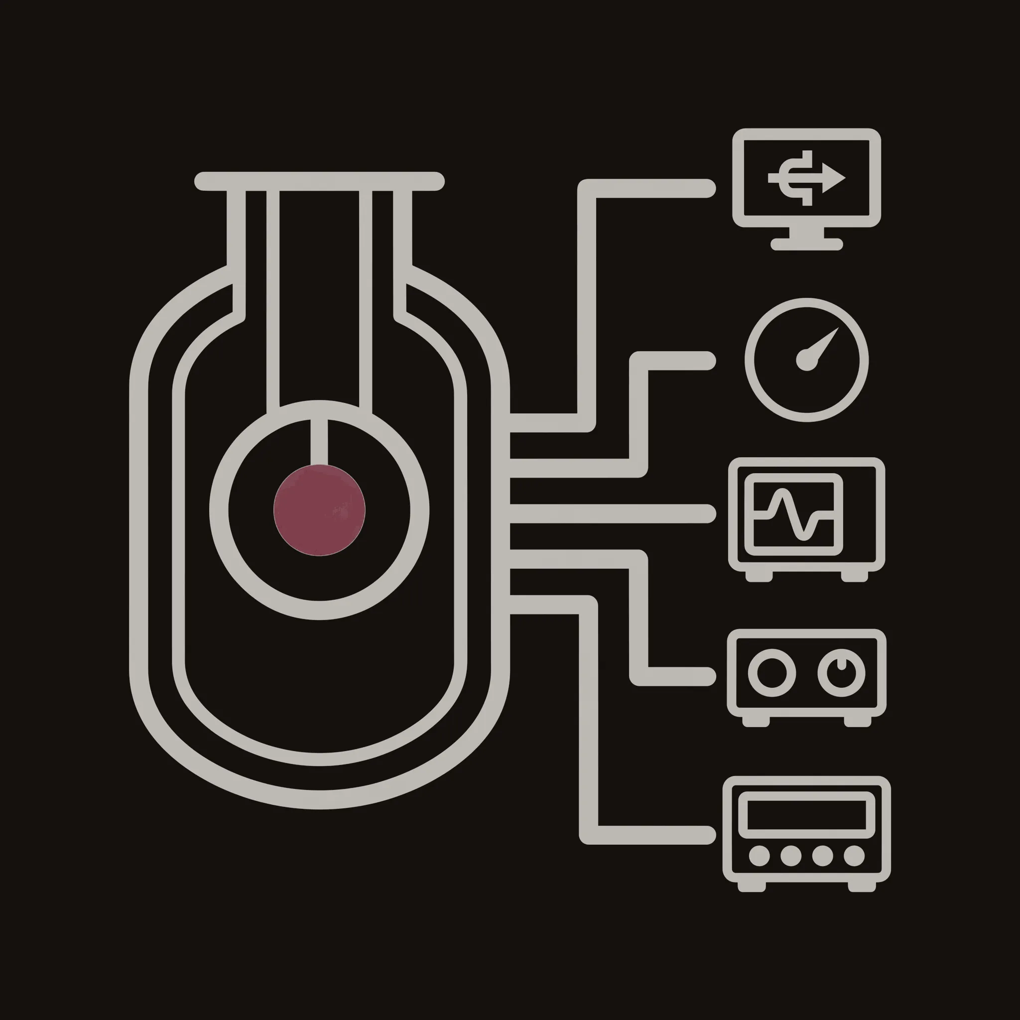 A line drawing of a cryostat, its outer vessel enclosing an inner chamber with a sample at the centre of a magnet bore, marked in maroon. Circuit-board traces run from the cryostat to five stacked instrument icons on the right: a computer display, a gauge, an oscilloscope, a control unit and a meter.