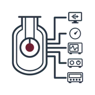 A line drawing of a cryostat, its outer vessel enclosing an inner chamber with a sample at the centre of a magnet bore, marked in maroon. Circuit-board traces run from the cryostat to five stacked instrument icons on the right: a computer display, a gauge, an oscilloscope, a control unit and a meter.